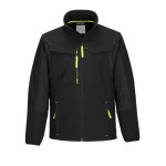 A black softshell jacket designed for use on construction sites and in industrial work environments.,