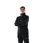 A black softshell jacket designed for use on construction sites and in industrial work environments.,