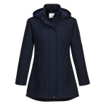 A women's navy blue softshell jacket designed for use on construction sites and in industrial work environments.,