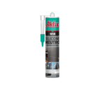 A 300ml cartridge of black silicone sealant with a flexible cured finish, for sealing joints around kitchens, bathrooms, and windows.
