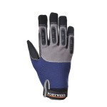 A pair of navy blue work gloves with a textured grip palm and adjustable wrist closure, designed for general site use.