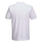 A white polo shirt designed for use on construction sites and in industrial work environments.,