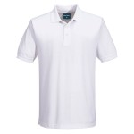 A white polo shirt designed for use on construction sites and in industrial work environments.,