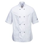A women's white jacket designed for use on construction sites and in industrial work environments.,