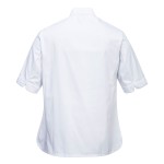 A women's white jacket designed for use on construction sites and in industrial work environments.,