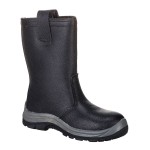 A black composite safety boot with an anti-slip sole and padded collar, designed for comfort and protection during extended site work.