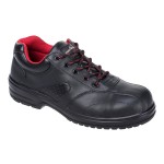 A black safety trainer with a composite toecap, a cushioned insole, and a lightweight anti-slip sole, suitable for lighter-duty site work.
