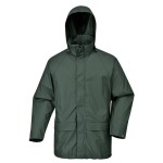 A green jacket designed for use on construction sites and in industrial work environments.,