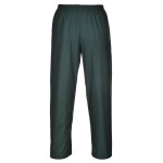A pair of green work trousers designed for use on construction sites and in industrial work environments.,