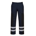 A pair of navy blue work trousers designed for use on construction sites and in industrial work environments.,