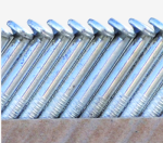 A strip of collated galvanised 3.1×90mm nails connected by tape or wire, designed for use in a pneumatic or gas-powered nail gun.