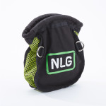 A black fabric pouch with a green and white NLG logo on the front, mesh side panels, and metal D-rings on each side, photographed on a white background.