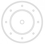 A technical drawing of a circular plate with a central hole, an inner circular ring, and eight smaller holes spaced evenly around the plate.