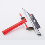 A red-handled squeegee with a gray rubber blade, still in its packaging, lying on a white surface. The packaging displays 250mm squeegee and some branding text.