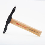 A hammer with a steel head and a wooden handle, for general fastening and construction use.