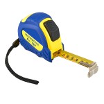 A 5m retractable tape measure with a blade, a rubberised case, and a belt clip, for general site measurement.