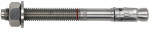 A metal anchor bolt with a threaded shaft, hexagonal nut, washer, and expansion sleeve, designed for securing objects to concrete or masonry surfaces.