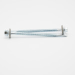 Two long metal bolts with washers and hex nuts, placed parallel to each other on a white background.