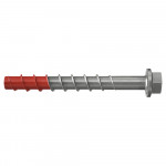 A metal screw with a hexagonal head, featuring a spiral thread along its shaft and a red-coated tip on one end.
