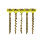 Five gold screws are aligned vertically, connected at the top by a yellow plastic strip, with each screw featuring a Phillips head. The background is plain white.