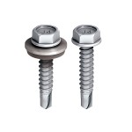 A stainless steel self-drilling screw with a sharp drill-point tip and spiral threads along the shaft, suitable for fixing into steel framing.