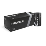 A black box labeled PROCELL C10 is shown next to a single black PROCELL C battery with white text and symbols, featuring a positive and negative end.