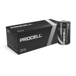 A black box labeled PROCELL D10 sits next to a single D-size PROCELL battery with a silver stripe and white text, highlighting its professional use and 1.5V power.