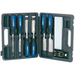 A black plastic case open to reveal a set of five wood chisels with blue and black handles, a sharpening stone, a honing guide, and additional accessories neatly organized in compartments.