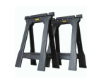Two black plastic Stanley sawhorses are positioned side by side against a plain white background. The sawhorses feature sturdy legs and a ribbed design for extra support.,