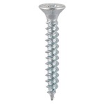 A silver, metal Phillips-head screw with a flat, countersunk head and a sharp, pointed tip. The screw has deep, spiral threads running its length.