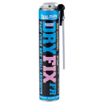 A tall aerosol can of Pinkgrip Dry Fix FR adhesive with a blue and black label, a white cap, and an attached application nozzle. The text highlights Fast Cure Dry Wall Adhesive and Dual Flow.