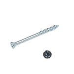 A silver Phillips head screw lies next to a close-up view of its cross-shaped screw head.,