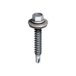A steel self-drilling screw with a sharp drill-point tip and spiral threads along the shaft, suitable for fixing into steel framing.