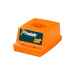An orange Paslode battery charger with a rectangular base, branding and logo on the front, and indicator lights, designed for charging power tool batteries.
