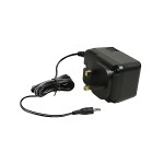 A black UK plug power adapter with an attached cable and a cylindrical DC connector, shown against a white background.