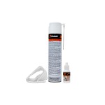 A Paslode tool cleaner kit, including a tall aerosol can with a red and white label, a small white bottle, and a white plastic nozzle attachment, all shown on a white background.