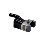 A black and silver metal hitch lock with grey rubber end covers, a metal bracket, and a bolt on top, isolated on a white background.