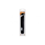 A black utility knife in plastic packaging with an orange and white label at the top, displayed against a white background.