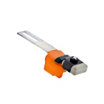 A metal hand saw blade with a protective orange plastic guard covering the handle area and a black screw mechanism securing the blade. The background is white.,