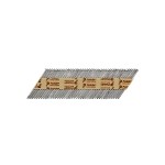A strip of collated framing nails held together by a paper strip, arranged diagonally against a white background.