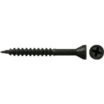 A black, flat-head Phillips drywall screw shown from the side and top, displaying its sharp point, threaded shaft, and cross-shaped drive on the head.