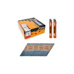 A box of Paslode nails, two fuel cells, and a strip of framing nails displayed on a white background.