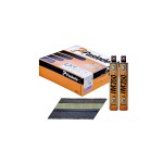 Orange Paslode box with branding, two fuel cells labeled IM350, and a strip of collated nails arranged beside the box, all on a white background.