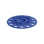 A flat, round, blue plastic disk with a raised center, circular pattern, and evenly spaced holes around the edge, photographed on a white background.