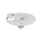 A white, round plastic mounting plate with multiple holes and raised sections, designed for securing or aligning components. The plate has a central opening and a small circular holder attached to one side.