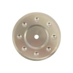 A circular metallic disc with a small central hole and eight evenly spaced raised bumps around its surface, set against a plain white background.