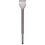 A metal chisel with a wide, flat blade at the top and a long cylindrical handle, designed for use with power tools or rotary hammers.