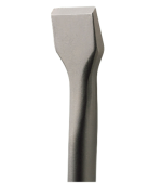 A close-up of a metal chisel with a flat, beveled cutting edge and a smooth, cylindrical shaft.