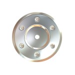 A shiny metallic circular object with a central hole and six evenly spaced bolts around the edge, resembling a mechanical or industrial part, displayed on a white background.