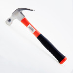 A claw hammer with a fibreglass handle and a polished steel head featuring a straight claw for nail removal and a flat striking face.,